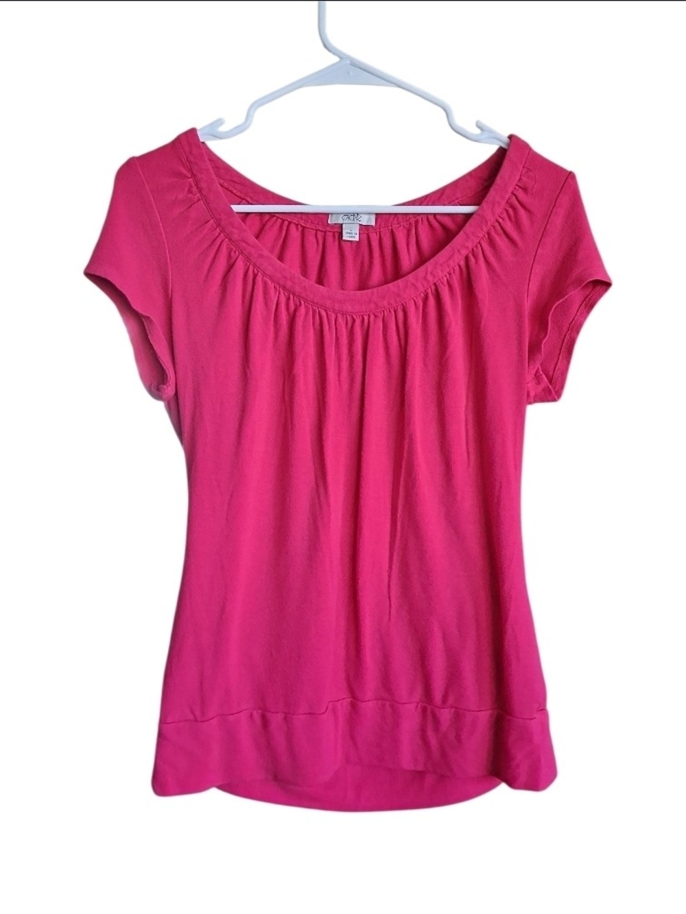 Cache Hot Pink Pleated Scoop Neck Short Sleeve Top Blouse